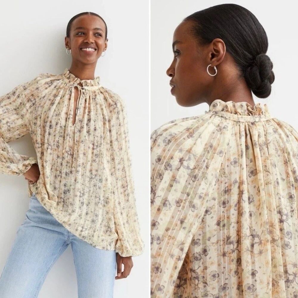 H&M Shadow Stripe Pleated Floral Tie Neck Blouse Cream Beige Boho Peasant Sz XXL